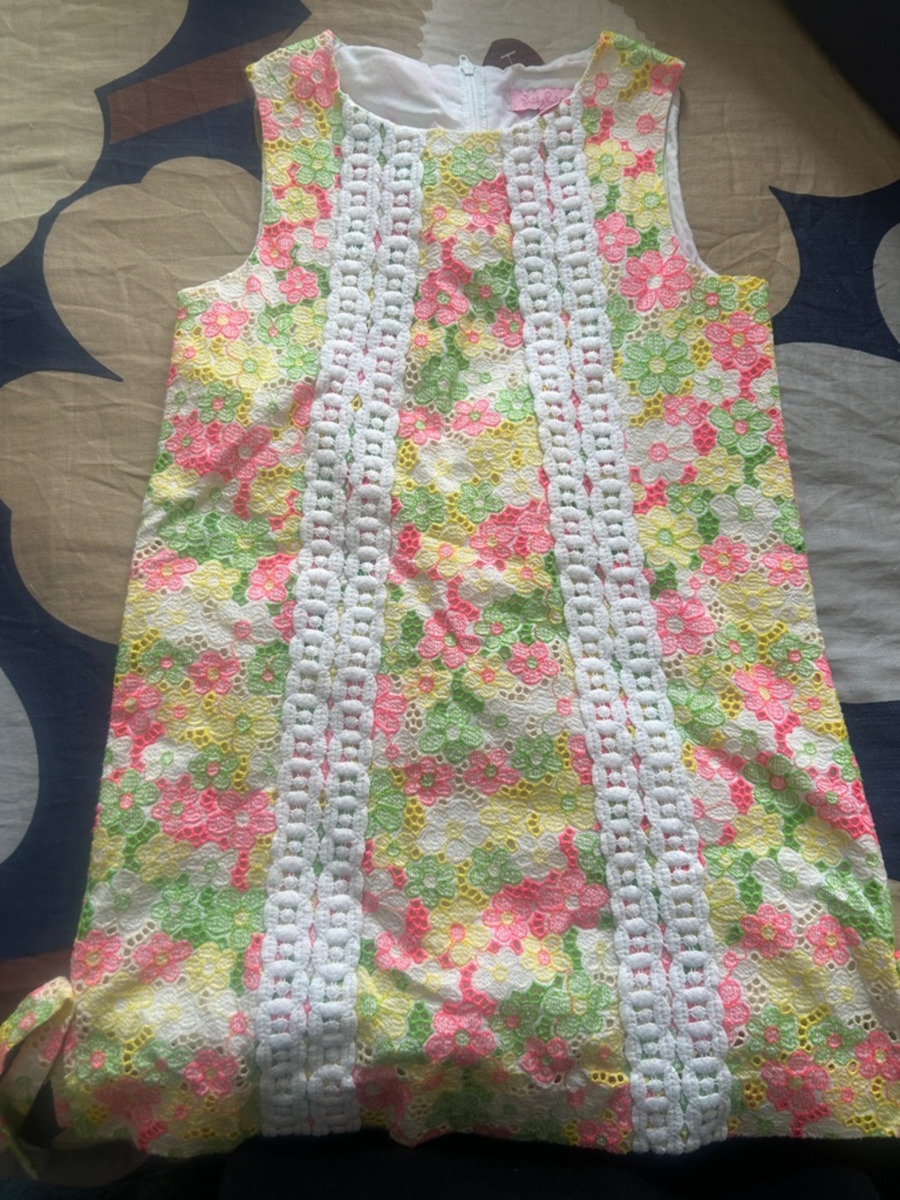 Girls Floral Crochet-Trim Sleeveless Dress - Pink, Yellow & Green